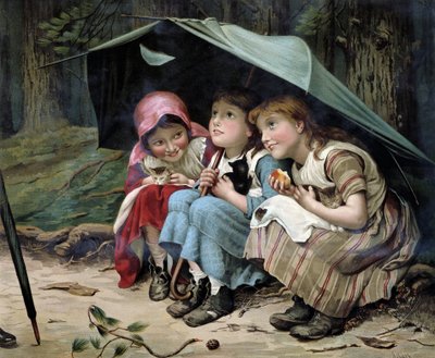 Three Little Kittens (Girls and Kittens Squeezing Under an Umbrella) - English Chromolithography by English School