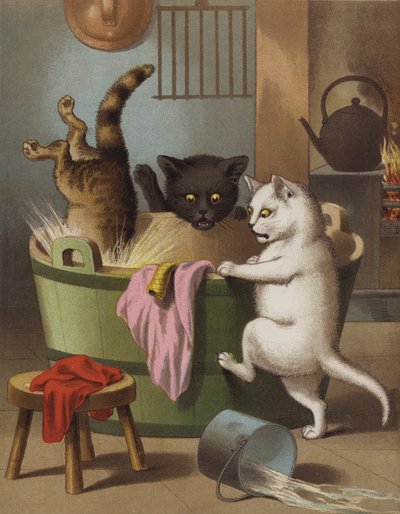 Three little kittens playing with a wash tub by English School
