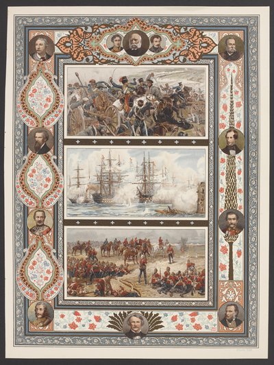 Three vignettes depicting naval and land battle scenes, including Relief of the Light Brigade by English School