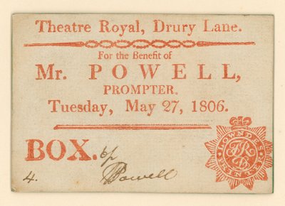 Ticket for Drury Lane Theatre, London: For the Benefit of Mr Powell, prompter, 27 May 1806 by English School