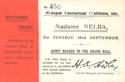 Ticket to hear Nellie Melba at the Glasgow International Exhibition, 1901 by English School