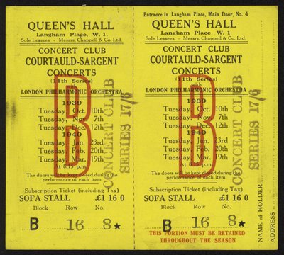 Ticket to the Courtauld-Sargent concerts, Queens Hall, Langham Place, London, 1939-1940 by English School
