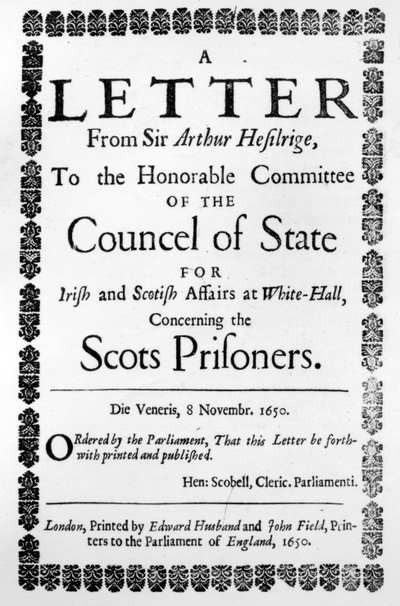 Title Page for A Letter from Sir Arthur Hesilrige Concerning the Scots Prisoners, by Sir Arthur Hesilrige, published 1650 by English School