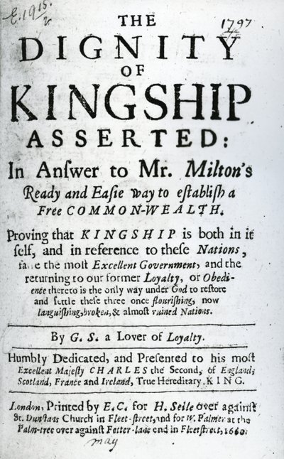 Title Page for The Dignity of Kingship Asserted by G.S. a Lover of Loyalty, published 1660 by English School