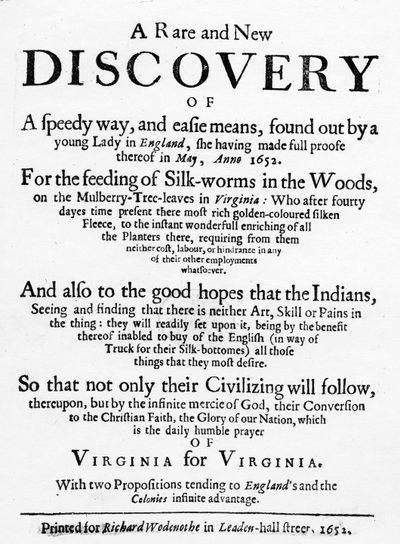 Title Page for The Reformed Virginian Silk-Worm by Samuel Hartlib, published 1652 by English School
