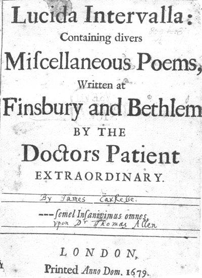 Title Page to Lucida Intervalla by James Carkesse, published 1679 by English School