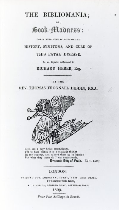 Title Page to The Bibliomania by Rev. Thomas Frognall Dibdin, published 1809 by English School