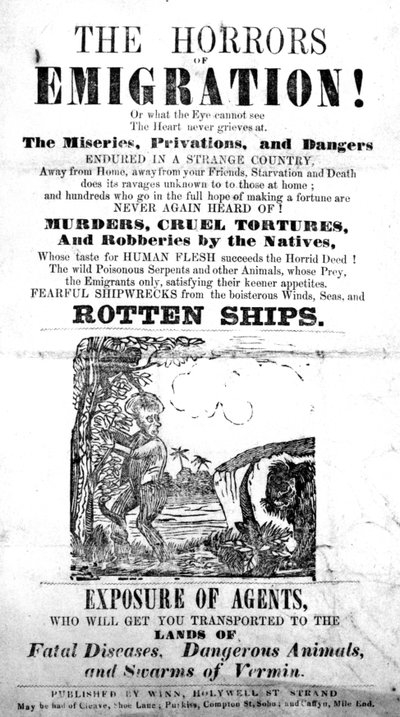 Title page for a pamphlet about The Horrors of Emigration! by English School