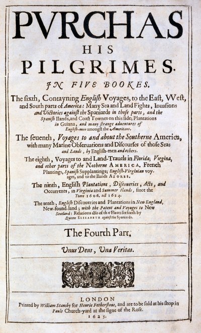 Title page of Purchas his Pilgrimes by Samuel Purchas, published 1625 by English School