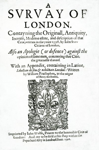 Title page to A Survey of London by John Stow, published in 1598 by English School