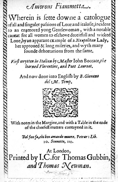 Title page to Amorous Fiammetta by Giovanni Boccaccio, English translation published in 1587 by English School