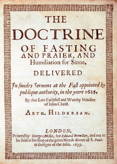 Title page to The Doctrine of Fasting by Arthur Hildersam, 1633 by English School