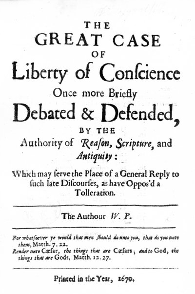 Title Page to The Great Case of Liberty of Conscience by William Penn, Published in 1670 by English School