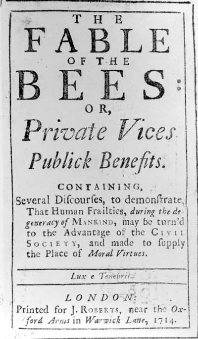 Title Page for The Fable of the Bees by Bernard de Mandeville, 1714 by English School