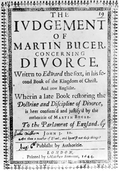 Title Page from The Judgement of Martin Bucer concerning Divorce by John Milton, published in 1644 by English School
