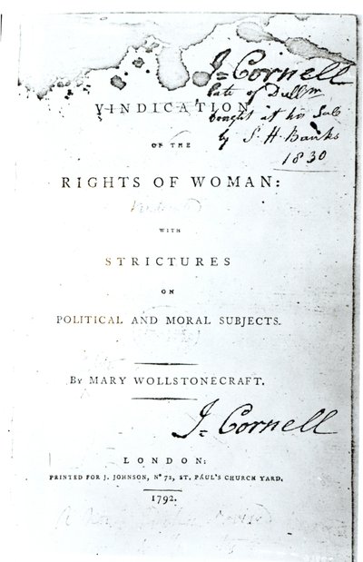 Titlepage of Vindication of the Rights of Woman by Mary Wollstonecraft, Published in 1792 by English School