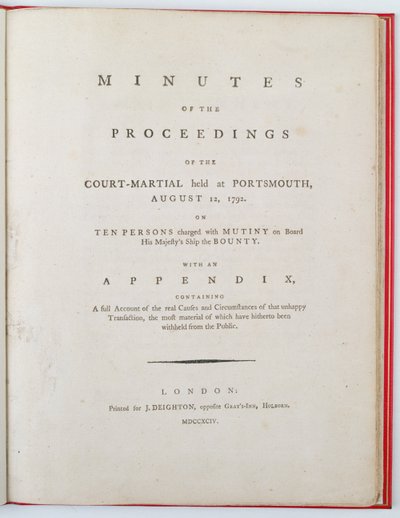Titlepage of the Minutes of the proceedings of the court-martial held at Portsmouth, August 12, 1792, published in London, 1794 by English School