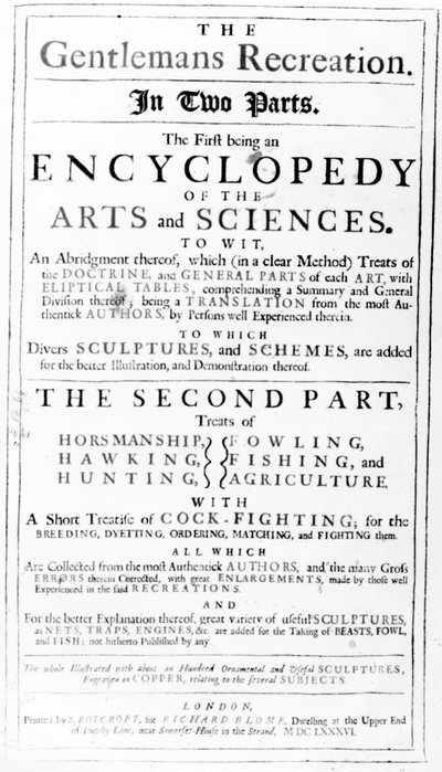 Titlepage to The Gentlemans Recreation published by Richard Blome by English School