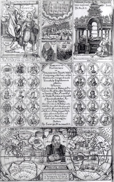 Title page to the first edition of Hakluytus Posthumus or Purchas His Pilgrimes, published 1625 by English School