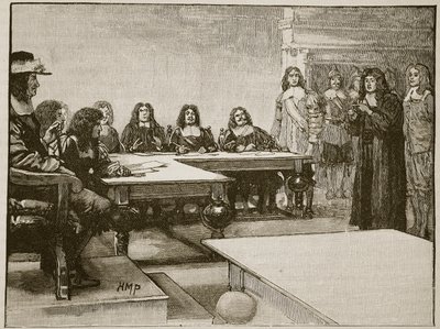 Titus Oates before the Privy Council, illustration from Cassell