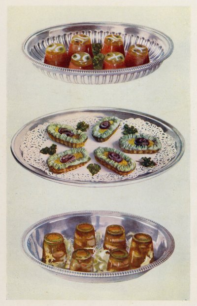 Tomato Creams; Anchovy Gondolas; Prawns in Aspic by English School