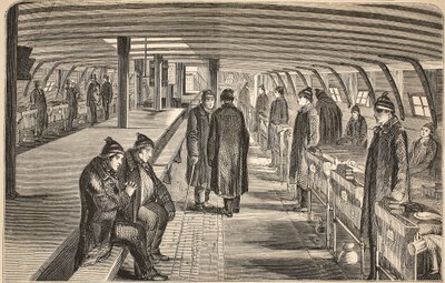 Top deck of the Unite hospital ship, attached to the hulks at Woolwich, illustration from The Criminal Prisons of London and Scenes from Prison Life by Henry Mayhew and John Binny, pub. 1862 by English School