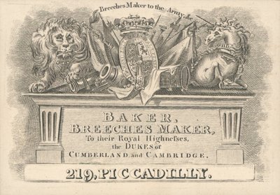 Trade Card, Baker, Breeches Maker by English School