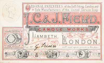 Trade Card, J C and J Field Candle Works by English School