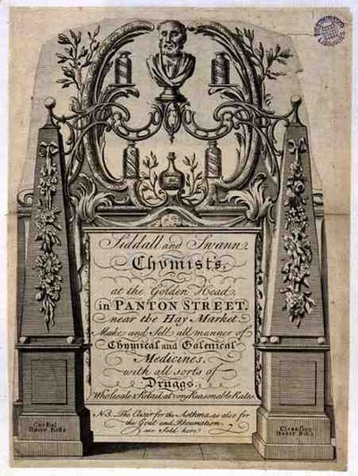 Trade card for Siddall and Swann, Chemists, at the Golden Head, Panton Street, London by English School