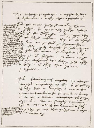 Treatise by Latimer in his own handwriting, contesting the Doctrine of Transubstantiation, with marginal notes in Henry VIII