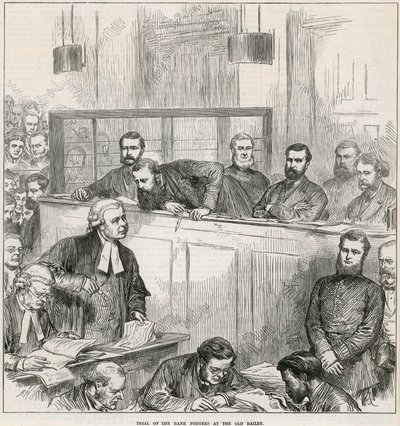 Trial of the Bank Forgers at the Old Bailey by English School