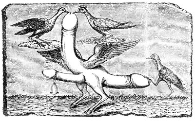 Triple phallus with wings, legs and feet of a goat, a bell, wings, two birds pecking the largest penis and another bird holding down the tail with its foot by English School
