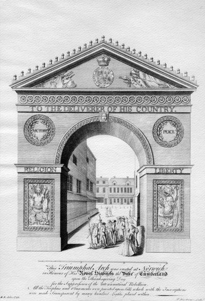Triumphal Arch erected in Norwich in honour of the Duke of Cumberland, engraved by Paul Fourdrinier, 1746 by English School