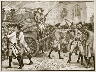 Troops escorting the stamped paper to the City Hall, New York, 1766, illustration from Cassell