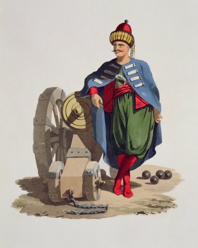Turkish Soldier, from Costumes of the Various Nations, Volume VII, The Military Costume of Turkey, by Thomas MacLean, published c.1800-18 by English School