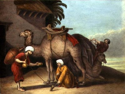 Two Camels with Attendants by English School