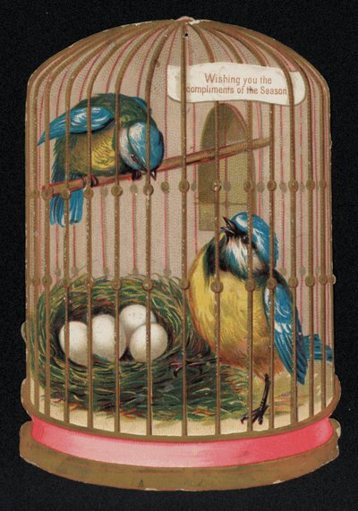 Two Blue Tits in a Cage, Christmas Greetings Card by English School