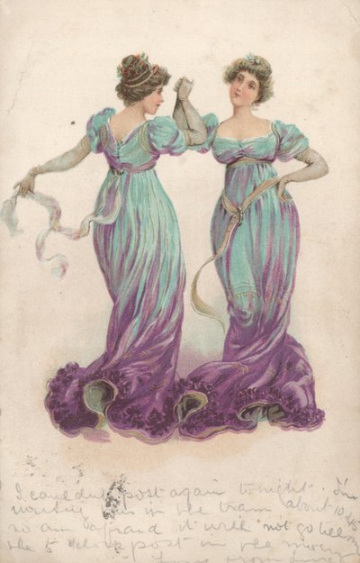 Two dancing women wearing matching blue-and-purple full-length dresses by English School