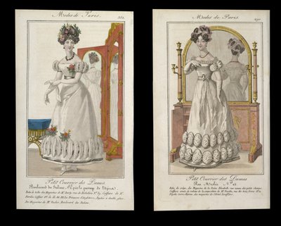 Two Fashion Plates of Ladies in Evening Dress, Advertisements from Modes de Paris by English School