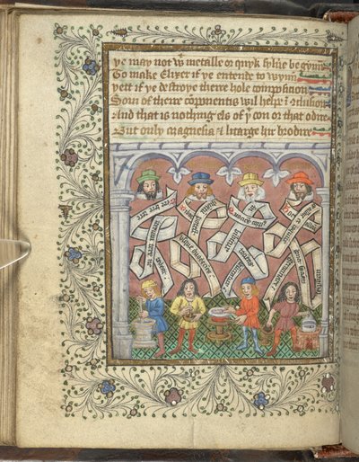 Two men with pestle and mortars, a man holding a gold urn next to a fire, and a man stirring a pot, from 