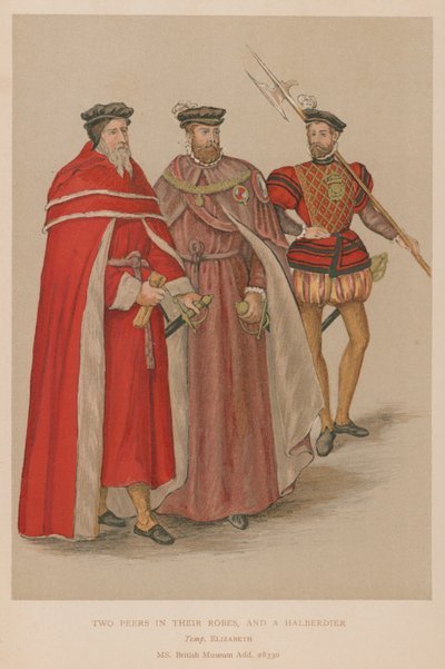 Two Peers in Their Robes and a Halberdier in the Elizabethan Era by English School