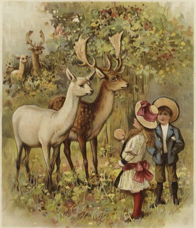Two Young Children Feeding the Deer in a Park by English School