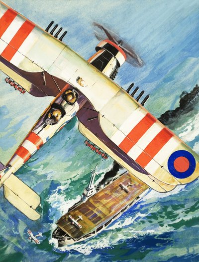 Unidentified Bi-Plane Flying Over an Aircraft Carrier by English School