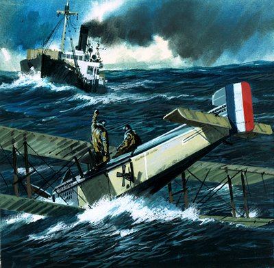 Unidentified biplane crashlands in the ocean by English School