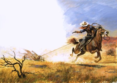 Unidentified Cowboy Shoots at a Lassoed Mountain Lion by English School