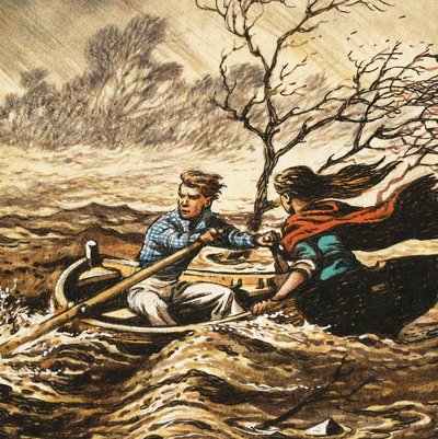 Unidentified scene of boy rowing girl in storm by English School