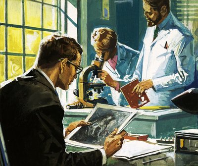 Unidentified scientists, one looking at photographs, one looking through a microscope by English School