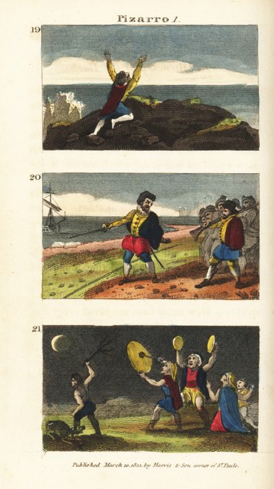 Vasco Nunez de Balboa Reaching the Pacific, Francisco Pizarro Separating His Men by a Line in the Sand on the Isle of Gallo, and Peruvians Afraid of a Lunar Eclipse by English School