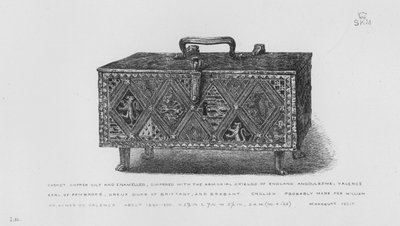 Victoria and Albert Museum: Casket, copper gilt and enamelled, diapered with the Armorial Shields of England, Angoulesme, Valence, Earl of Pembroke, Dreux Duke of Brittany, and Brabant, English, probably made for William or Aymer de Valence, about 1290-13 by English School