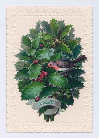 Victorian Christmas and New Year Card of a Robin in a Bouquet of Holly Leaves, c.1880 by English School